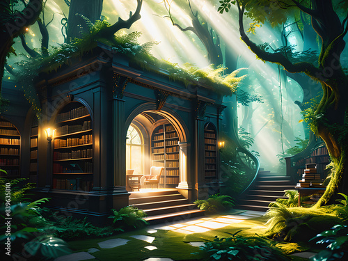 A secret library nestled deep in a mystical forest, its windows aglow with the warm light of knowledge, inviting travelers to discover its hidden wonders.< photo