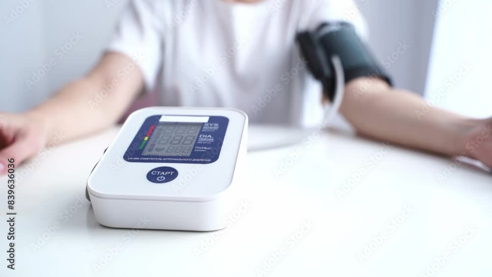 the girl measures blood pressure with a tonometer the girl measures blood pressure with a tonometer