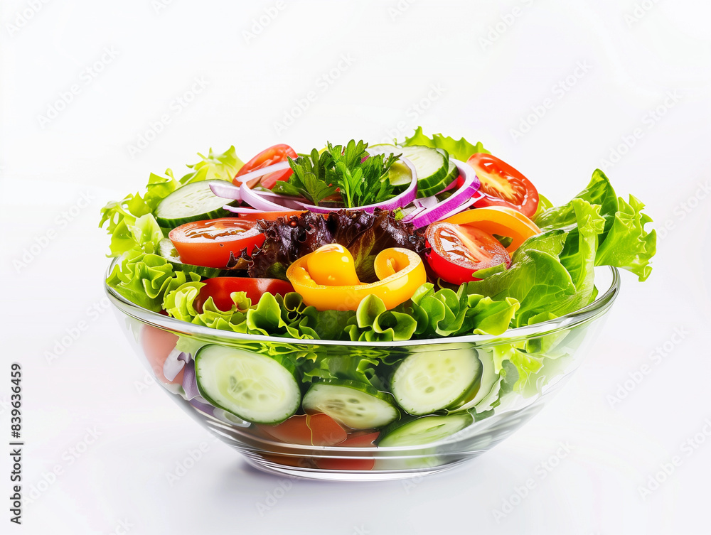 Mixed Salad: Fresh Vegetables in a Cristal Bowl on White Background