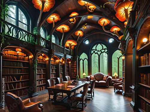 A grand library built from living trees, their branches forming majestic arches, glowing mushrooms illuminating shelves overflowing with leather-bound books adorned with cryptic symbols.