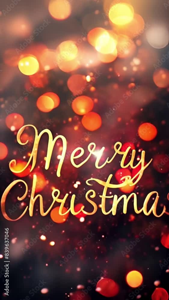 On vertical bright blurred background with bokeh lights Merry Christmas greeting On vertical bright blurred background with bokeh lights Merry Christmas greeting