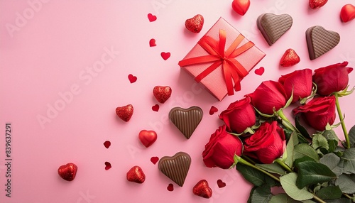 Top view of a Valentine's Day background with hearts, gift and bouquet of red roses. 