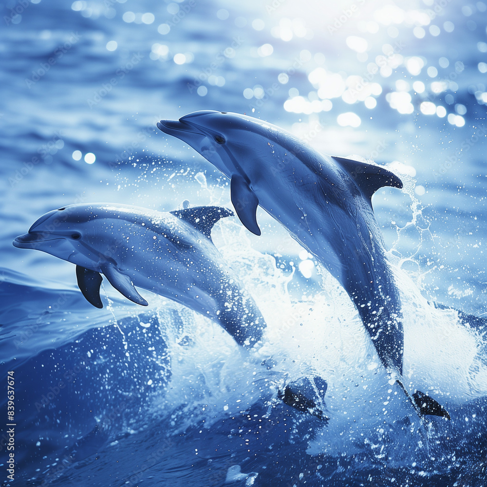 Fototapeta premium Majestic Silver and Blue Dolphins in Ocean Waters: Graceful Marine Life