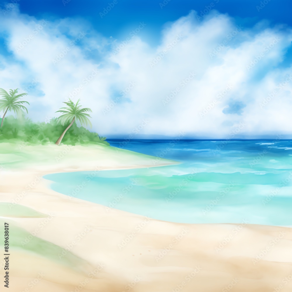 Beautiful serene tropical beach with palm trees, clear blue sky, and calm ocean waves under the warmth of the sun.