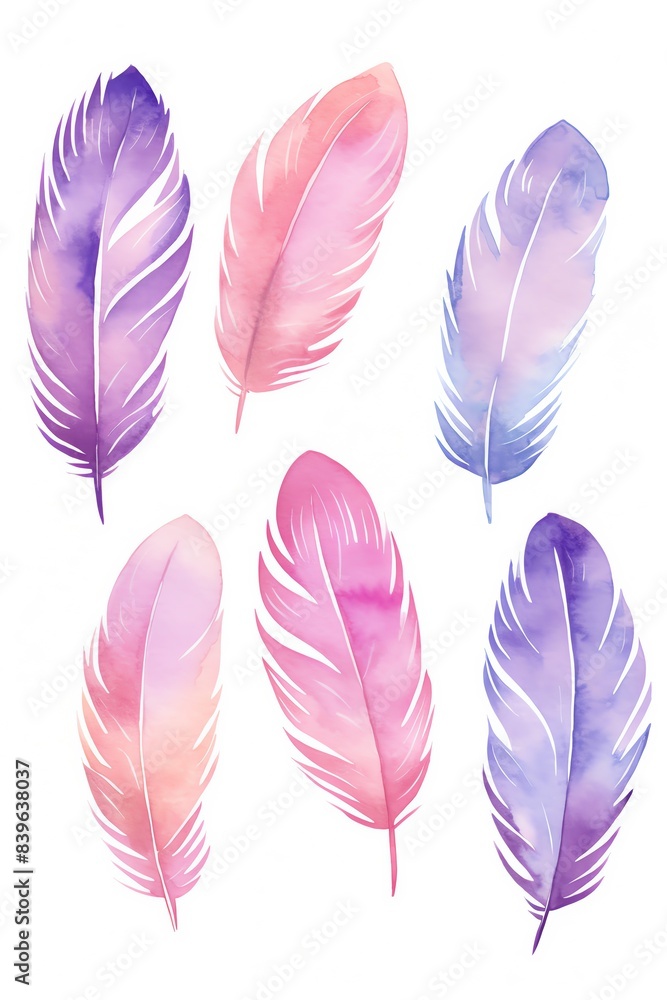 Beautiful watercolor feathers illustration in purple, pink, and blue shades. Perfect for artistic projects and design elements. Beautiful watercolor feathers illustration in purple, pink, and blue shades. Perfect for artistic projects and design elements.