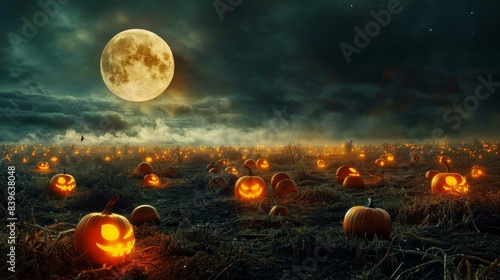 Spooky pumpkin patch under a full moon for halloween designs