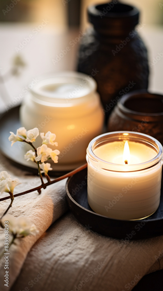 Cozy romantic background with a candle. Cosiness. A candle in a jar. Romantic dinner. Aromatherapy. Massage. Relax, spa. Cozy romantic background with a candle. Cosiness. A candle in a jar. Romantic dinner. Aromatherapy. Massage. Relax, spa.