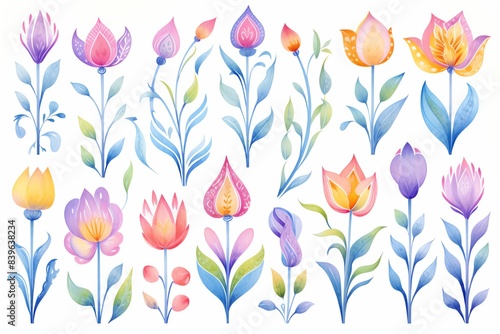 Collection of vibrant watercolor floral illustrations, showcasing various colorful flowers with delicate leaves and stems on a white background.