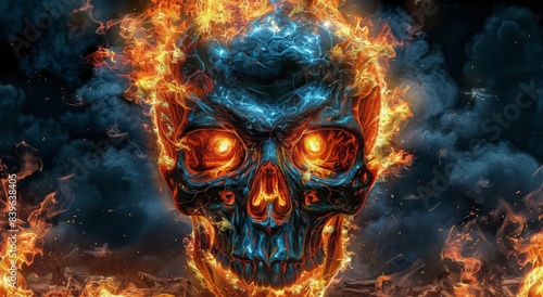 Flaming Skull With Glowing Eyes Against a Dark Background