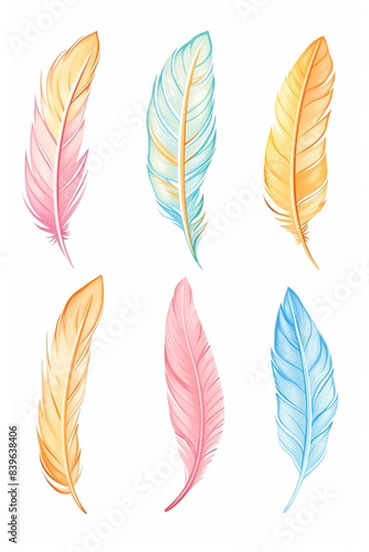 Colorful set of six watercolor feathers in pastel shades on a white background. Perfect for designs and illustrations.