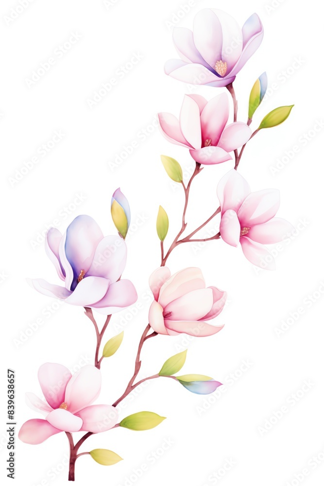 Elegant watercolor illustration of blooming magnolia flowers on a branch with delicate colors, perfect for decor or design projects. Elegant watercolor illustration of blooming magnolia flowers on a branch with delicate colors, perfect for decor or design projects.