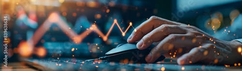 Hand Using Computer Mouse With Stock Market Data Displayed on Laptop Screen