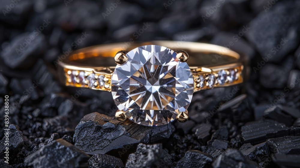 golden ring with diamond on black background with small rocks and coal, diamond engagement ring with beautiful white gemstone on the finger for wedding or anniversary golden ring with diamond on black background with small rocks and coal, diamond engagement ring with beautiful white gemstone on the finger for wedding or anniversary