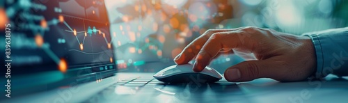 Hand Using Computer Mouse With Stock Market Data Displayed on Laptop Screen