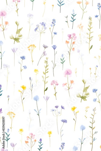 Seamless floral pattern with delicate watercolor wildflowers on a white background, perfect for spring and summer designs.