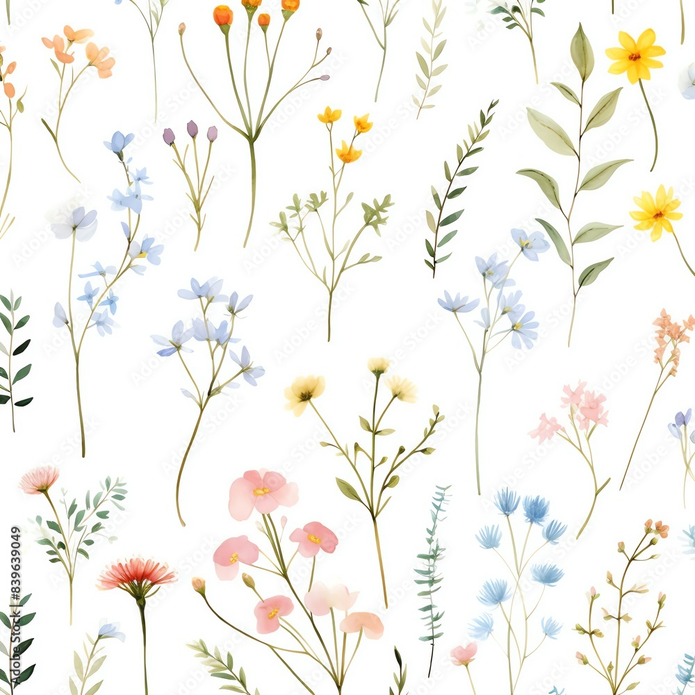 Seamless pattern with delicate watercolor wildflowers. Spring floral background for fabric, wallpaper, and wrapping paper designs.
