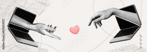 Trendy Halftone Collage Two Hand from laptop screen point to heart. Online dating and long distance relationship concept. Internet chatting and communication. Paper elements. Contemporary vector art