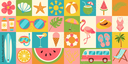 Summer Getaway: A Collection of Vibrant Vacation Icons. Bauhaus style. Geometric pattern