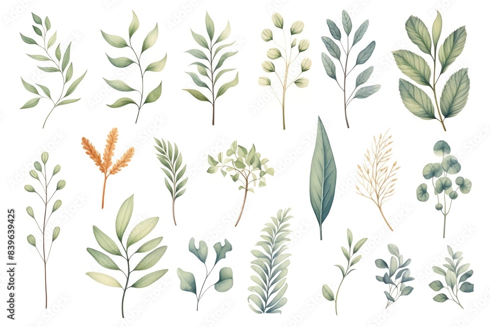 Fototapeta premium Watercolor botanical illustrations of various leaves and plants in soft green hues, perfect for design projects, prints, and decor.