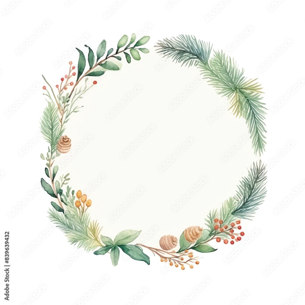 Watercolor Christmas wreath with pine branches, red berries, and green leaves on white background. Perfect for holiday designs and cards. Watercolor Christmas wreath with pine branches, red berries, and green leaves on white background. Perfect for holiday designs and cards.