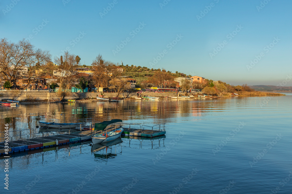 Obraz premium Uluabat Lake fishing boats and Gölyazı