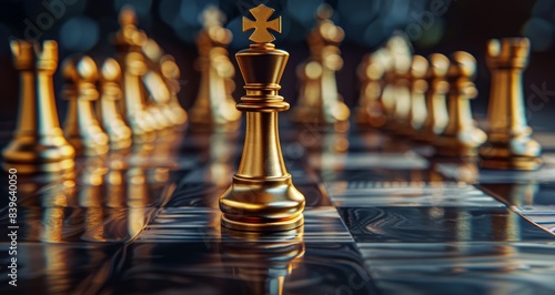 Close Up of Golden Chess King Piece on a Chessboard