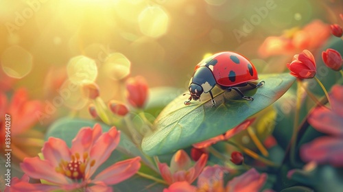 A closeup of a ladybug on a leaf, positioned in the upperright third, with a background of vibrant spring flowers and sunlight