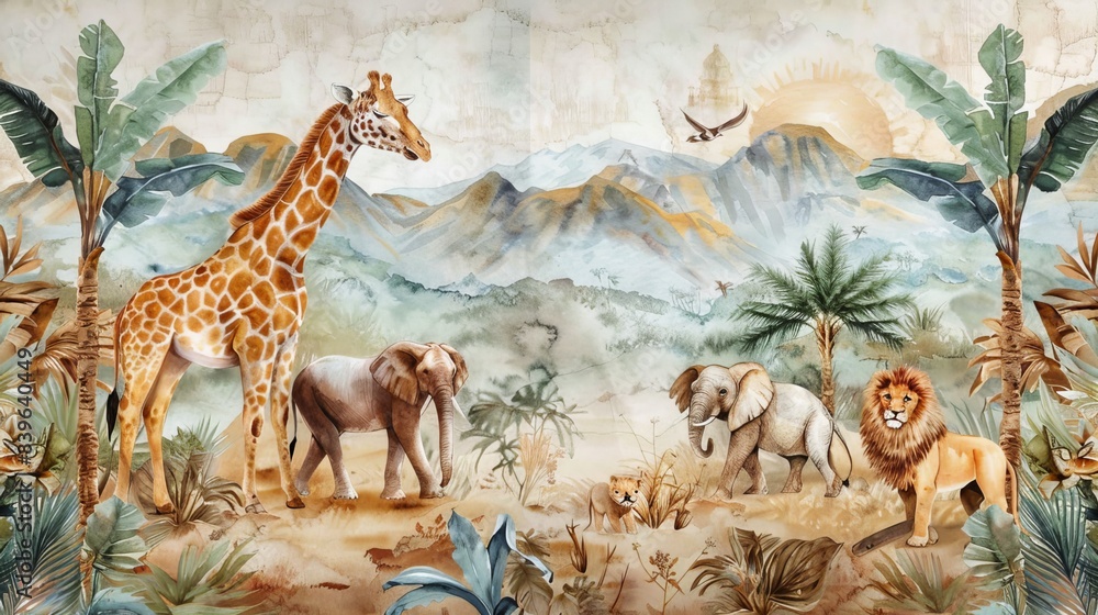 Fototapeta Safari Wildlife Wallpaper Mural featuring tropical animals such as Giraffe, Lion, and Elephant, depicted in a watercolor illustration against a backdrop of mountains 