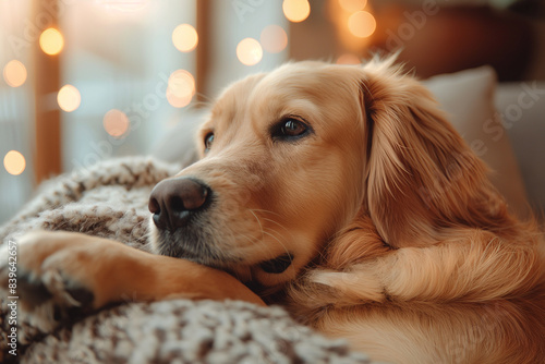 A golden retriever with a gentle expression sitting beside its owner, providing comfort during a moment of stress, in a cozy living room filled with soft lighting and warm colors