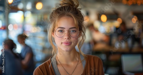 Young Woman With Glasses Looking at Camera in Cafe