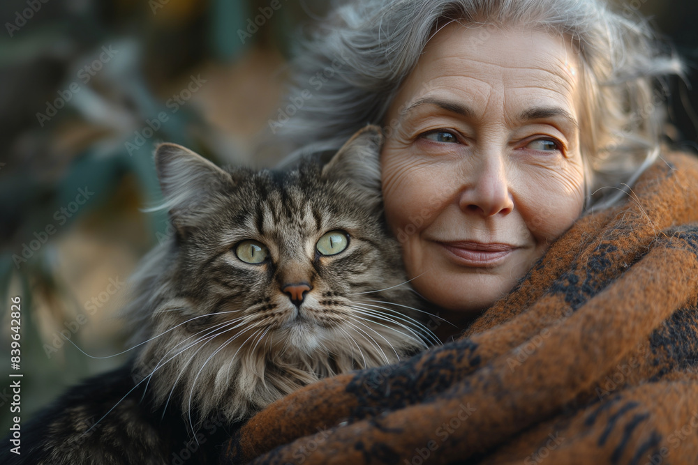 A serene morning scene of a senior woman sitting in her garden, her emotional support cat purring on her lap, both enjoying the early sunlight and fresh air A serene morning scene of a senior woman sitting in her garden, her emotional support cat purring on her lap, both enjoying the early sunlight and fresh air