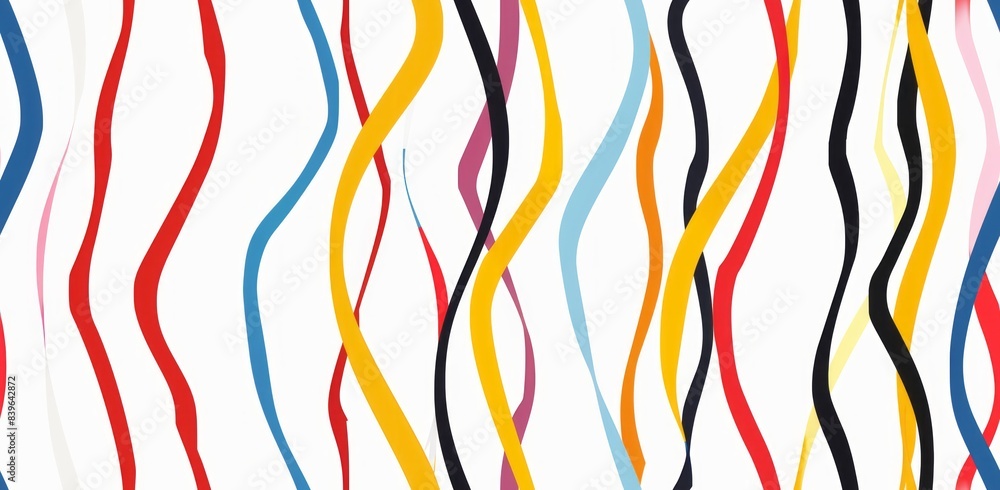 Obraz premium An abstract seamless pattern of colorful, curved lines of varying widths, set against a smooth white backdrop