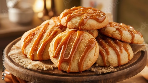 Delicious Kentucky Butter Cake cookies, laid out on a wooden dish in a rustic style. Each cookie is golden brown in color, covered with a sweet caramel glaze. photo