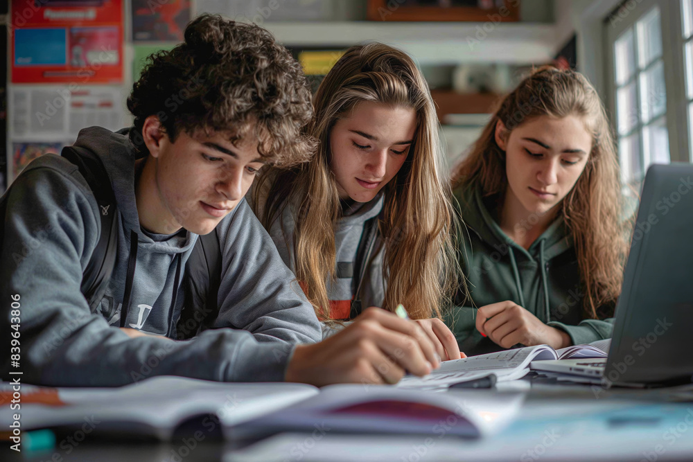Focused group of students studying together at desk. Ideal for depicting collaborative learning, teamwork, and academic engagement. Suitable for educational and training purposes. Focused group of students studying together at desk. Ideal for depicting collaborative learning, teamwork, and academic engagement. Suitable for educational and training purposes.