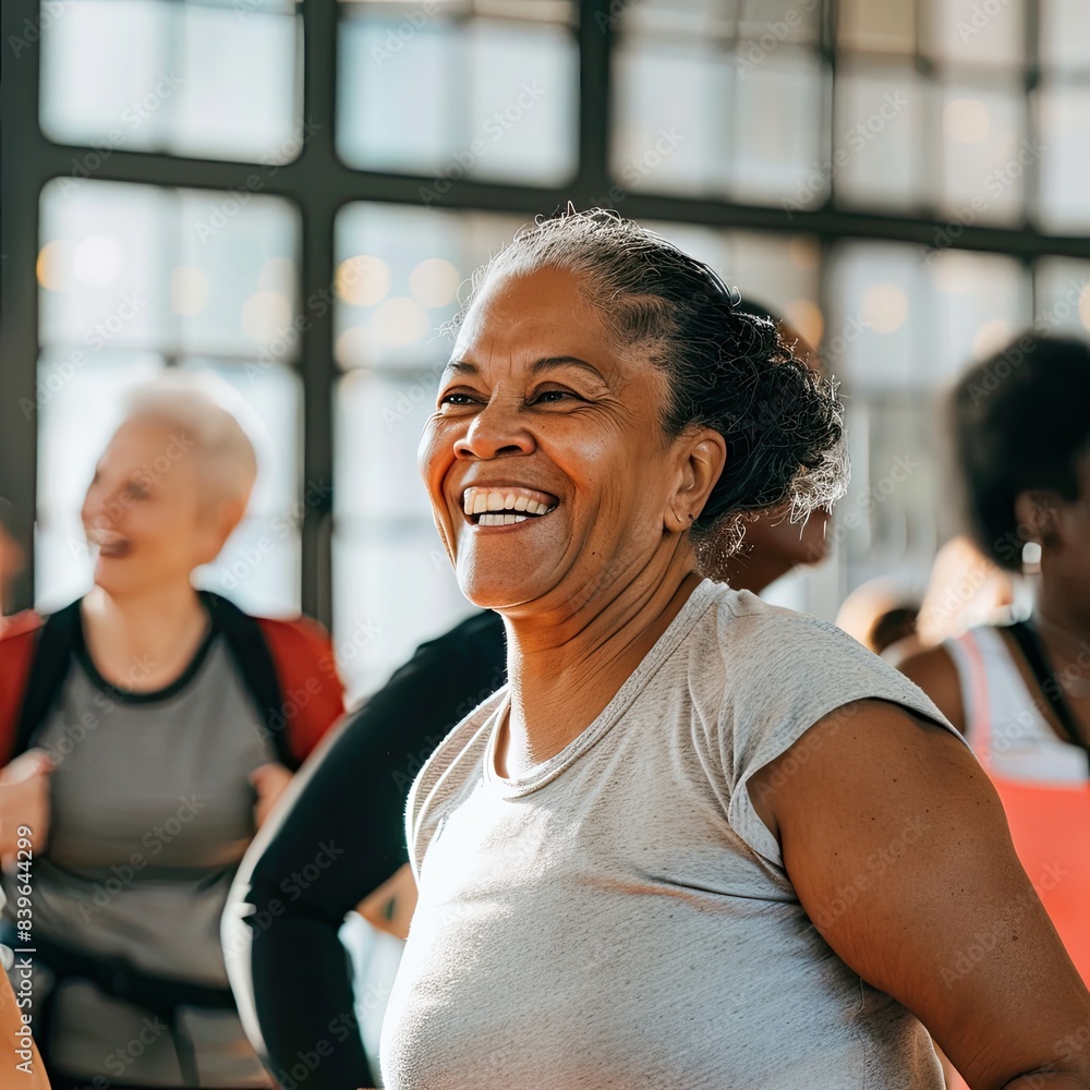 Obraz premium a group of women in a gym smiling and laughing by julie mcclure for stocksy united
