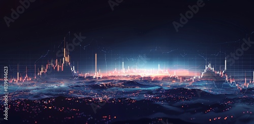 Nighttime Cityscape With Red and Blue Stock Market Charts