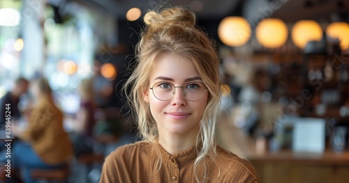 Young Woman With Glasses Looking at Camera in Cafe