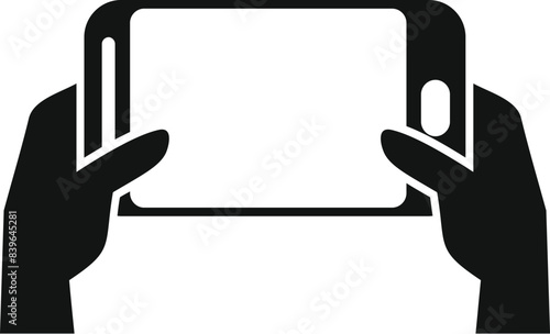 Simple, modern icon of two hands holding a smartphone horizontally