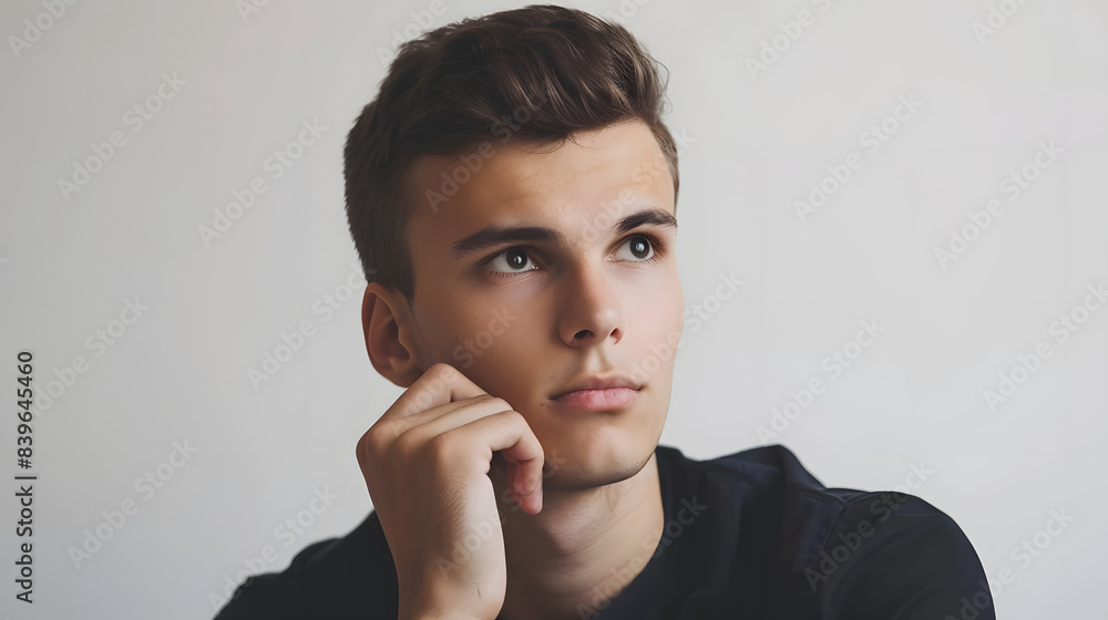 young man with a thoughtful and pensive look against white background. generative ai young man with a thoughtful and pensive look against white background. generative ai