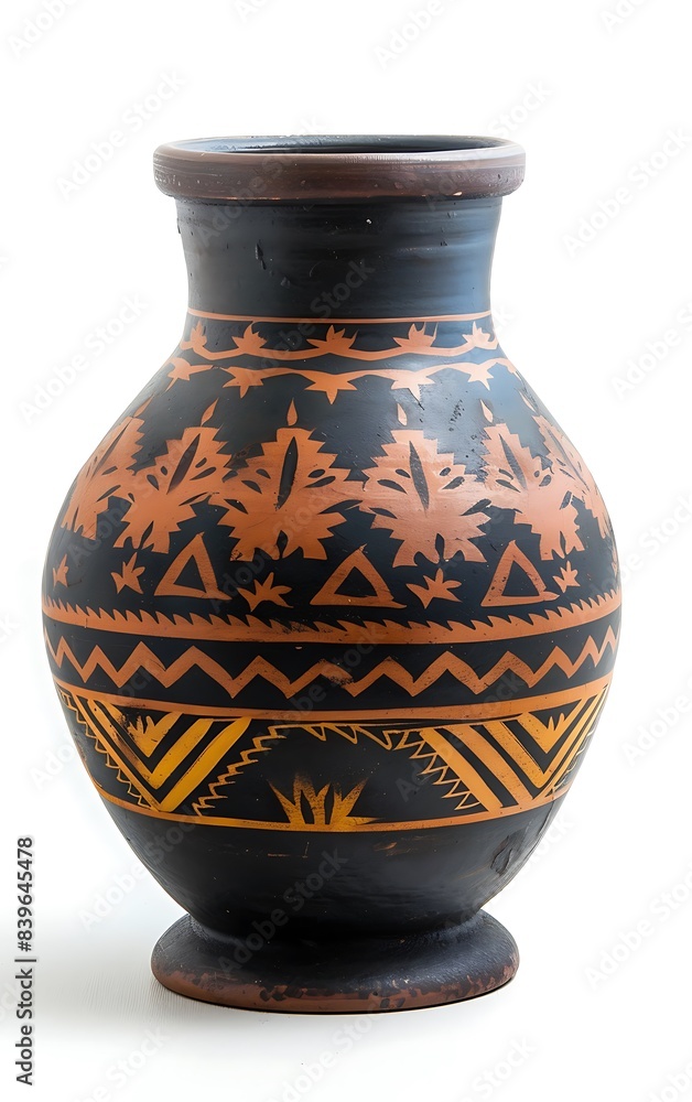 A beautiful simple Native American handmade clay vase with painted patterns on the side, white background, sharp focus, in the style of studio photography A beautiful simple Native American handmade clay vase with painted patterns on the side, white background, sharp focus, in the style of studio photography