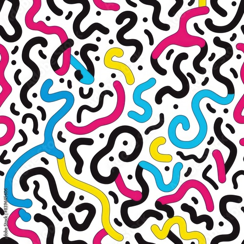 A seamless pattern of colorful squiggles on a white background