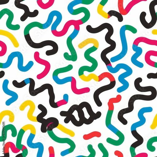 A seamless pattern of colorful squiggles on a white background