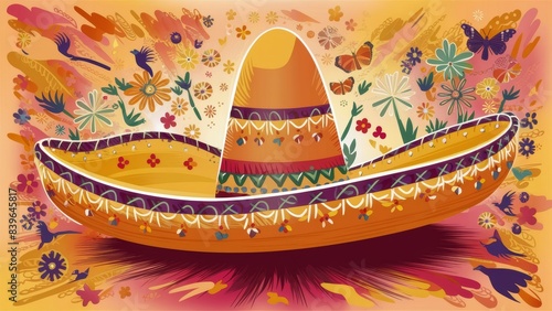 Amazing Mexican sombrero. The hat is decorated with a playful and dynamic color scheme - from bright orange and yellow to dark purple and blue.