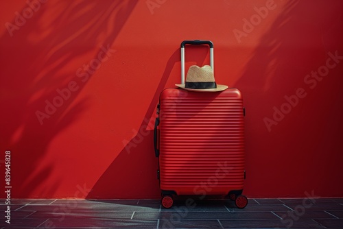 Red Suitcase and Straw Hat Against a Red Wall