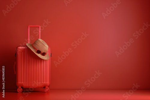 Red Suitcase and Straw Hat Against a Red Wall