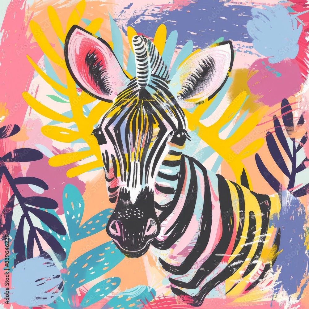 Colorful zebra with tropical leaves. illustration. Colorful zebra with tropical leaves. illustration.