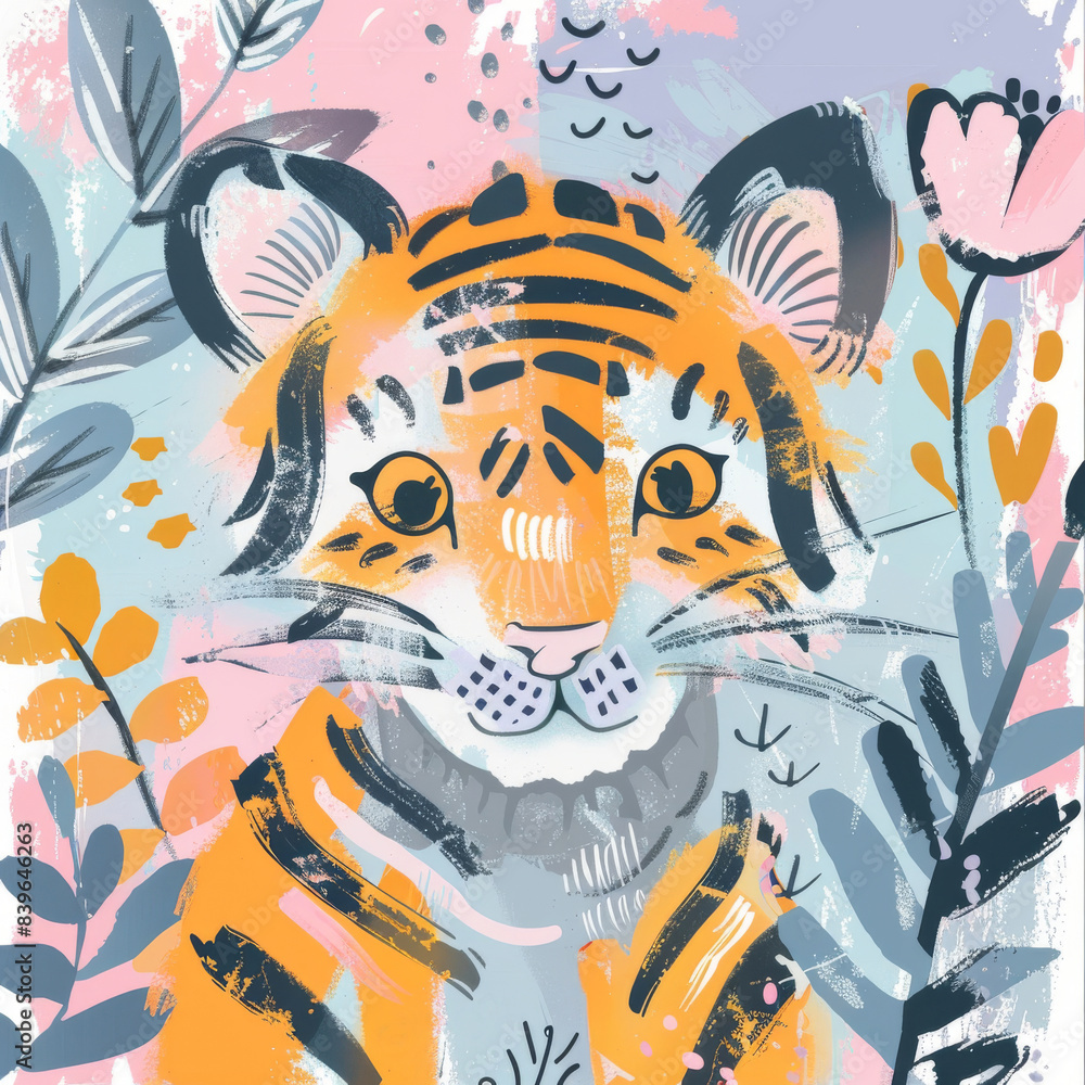 Obraz premium Cute cartoon tiger cub with flowers and leaves. Childish trendy illustration.