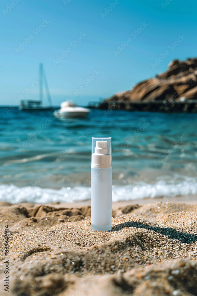 White bottle of sunscreen on a sandy beach with boats in the background. White bottle of sunscreen on a sandy beach with boats in the background.