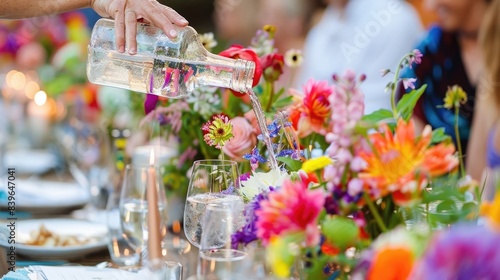 close up of hands pouring water from glass carafe into glasses at table with people in colorful and floral arrangements  background blurred showing other guests  focus on the action of pourin