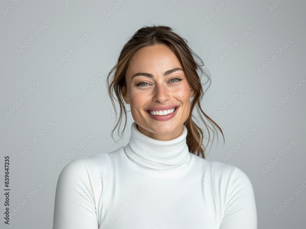 Obraz premium Young brunette woman with a beautiful smile on a gray background. Feminine beauty. Natural smile. Healthy teeth.